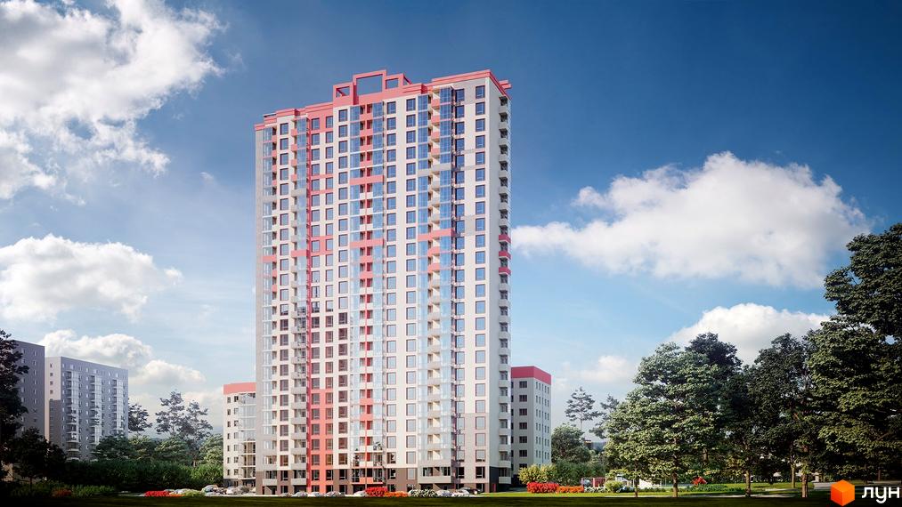 Висотна будівля ЖК Гармонія з рожевими акцентами на фасаді. Навколо будинку зелені дерева та газон, сонячна погода.