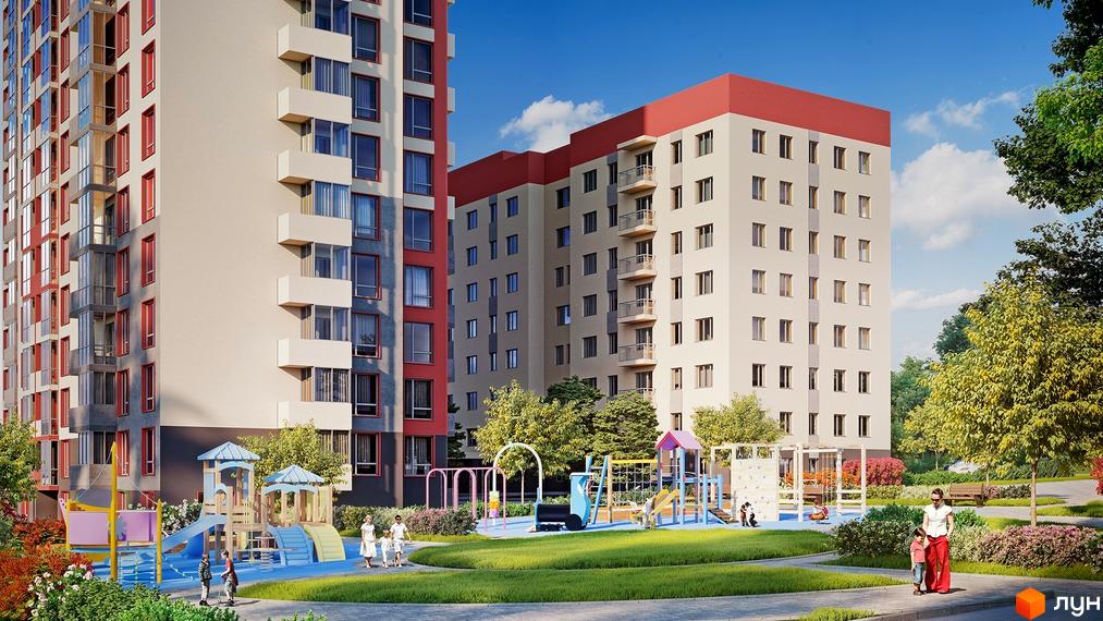 Житловий комплекс Гармонія з дитячим майданчиком. Багатоповерхові будинки з червоними дахами та фасадами бежевого кольору. На прибудинковій території зелені насадження та місця для відпочинку.