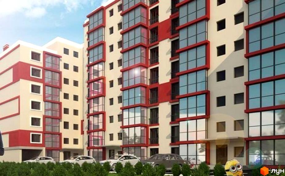 Новобудова ЖК AUROOM з фасадом у бежево-червоних тонах та панорамними вікнами. Перед будинком зелені насадження та автомобілі.