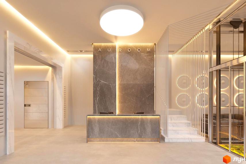 Інтер'єр холу в ЖК AuRoom. Просторий хол з мармуровими стінами, рецепцією та сходами, що ведуть на другий поверх.