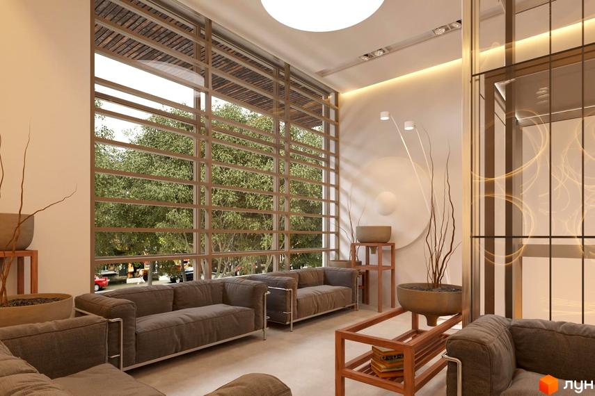 Інтер'єр квартири в ЖК AuRoom. Вітальня з великими вікнами та диванами, що виходять на зелені насадження.