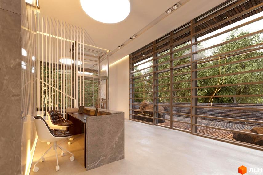 Інтер'єр в ЖК AuRoom: стійка ресепшен, великі вікна з видом на зелень. Світлий простір з сучасним дизайном.