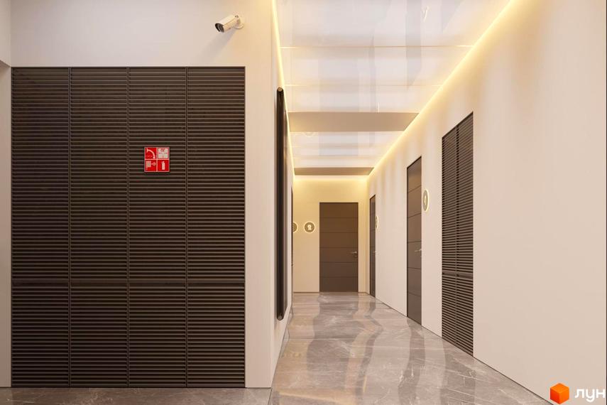 Коридор в ЖК AuRoom з дверима та підсвічуванням. Мармурова підлога, двері з номерами квартир, система пожежної безпеки та камера спостереження.