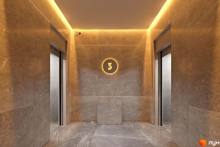 Інтер'єр холу на третьому поверсі в Житловому комплексі AuRoom. Ліфти з сірими стінами та підсвічуванням.