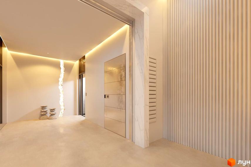 Інтер'єр холу в ЖК AuRoom. Світлі стіни, підлога та стеля, вбудоване освітлення. Двері з металевим оздобленням, декоративні елементи.