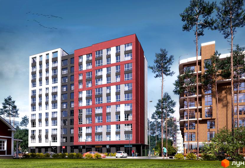 Зображення фасаду Житлового комплексу Контраст 2-й сезон. Багатоповерховий будинок з кольоровими секціями та великими вікнами, зелена територія навколо.