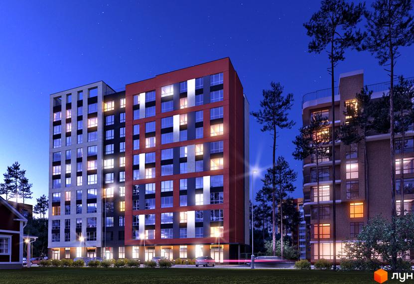 Зображення сторінки Житлового комплексу Контраст 2-й сезон. Багатоповерховий будинок з великими вікнами та освітленням на прибудинковій території.