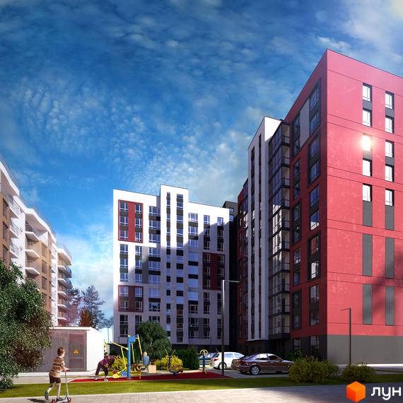 Зображення фасаду та прибудинкової території Новобудови Контраст 2-й сезон. На фото дитячий майданчик, зелена зона та парковка.