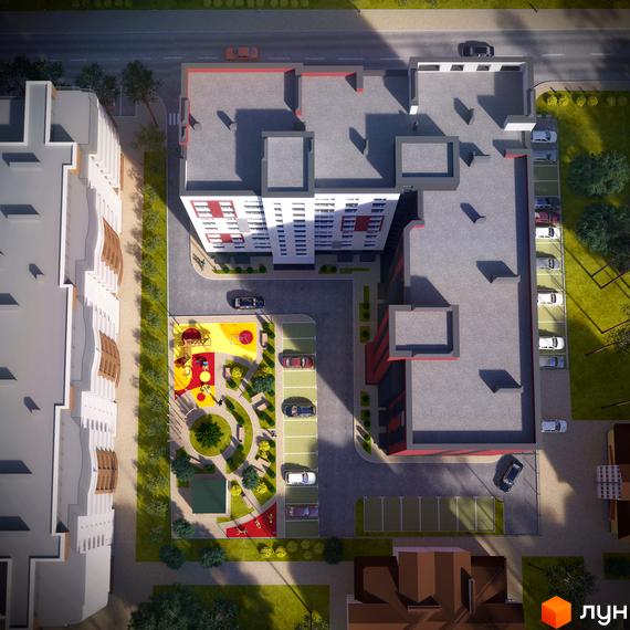 Вигляд зверху на Житловий комплекс Контраст 2-й сезон: багатоповерхівка з дитячим майданчиком, паркінгом та зеленими насадженнями.
