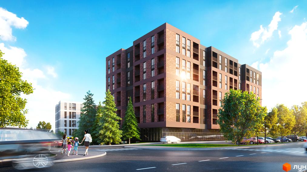 Зображення фасаду житлового комплексу Avalon Zelena Street. Багатоповерховий будинок з прибудинковою територією, дерева, дорога.