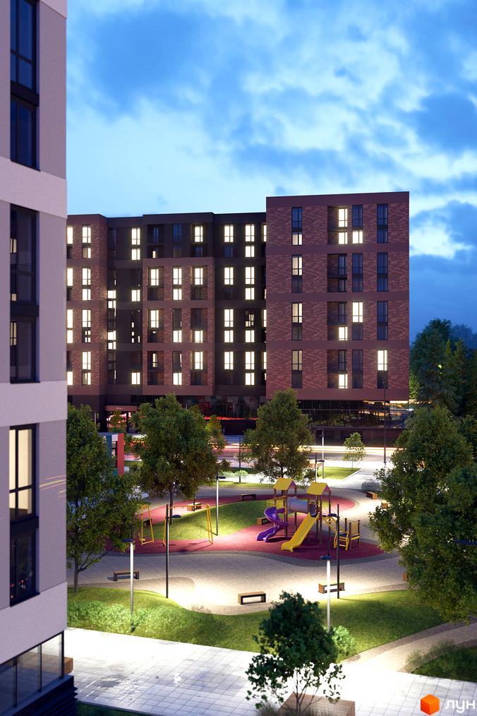 Зображення житлового комплексу Avalon Zelena Street. Багатоповерховий будинок з дитячим майданчиком та зеленими насадженнями на прибудинковій території.