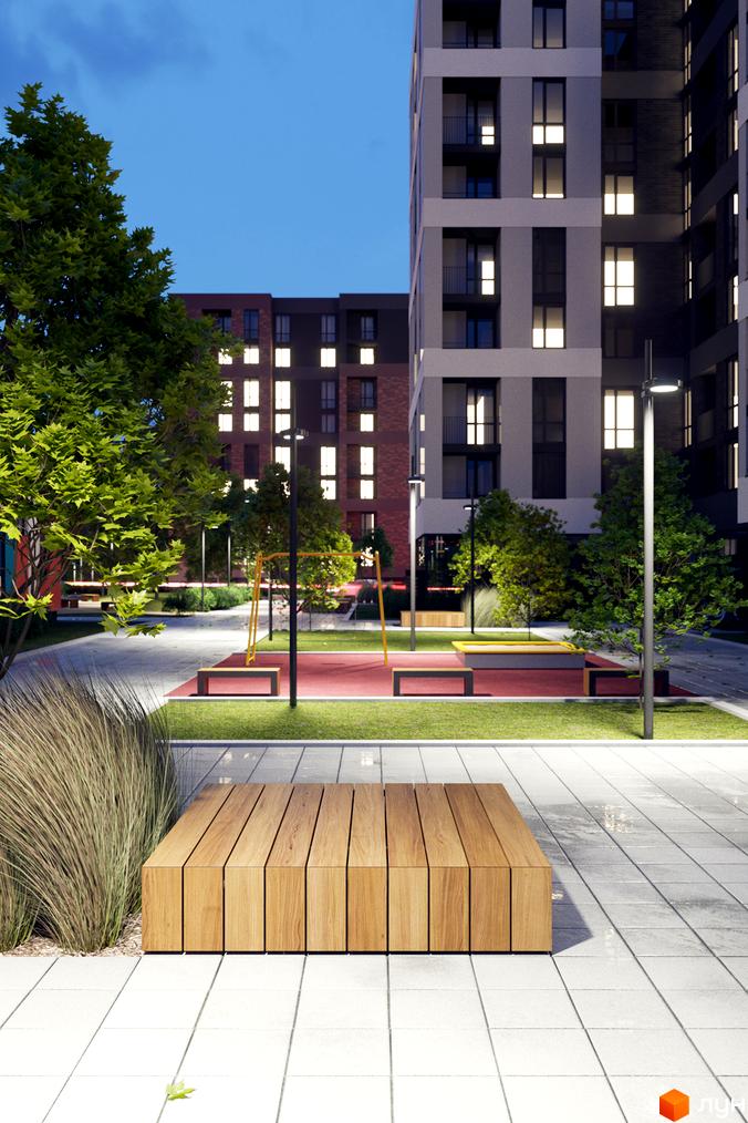 Зображення фасаду та двору житлового комплексу Avalon Zelena Street. Вигляд новобудови з лавкою та освітленням на прибудинковій території.