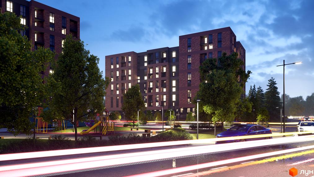 Зображення житлового комплексу Avalon Zelena Street вночі. Багатоповерхові будинки з підсвіченими вікнами, дерева, дитячий майданчик та проїжджаючі авто.