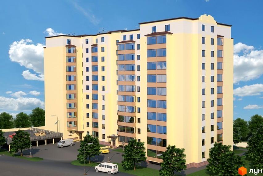 Зовнішній вигляд багатоповерхового житлового комплексу на вул. 600-річчя, 17. На зображенні видно фасад будинку, вікна, балкони та прибудинкову територію з деревами та автомобілями.