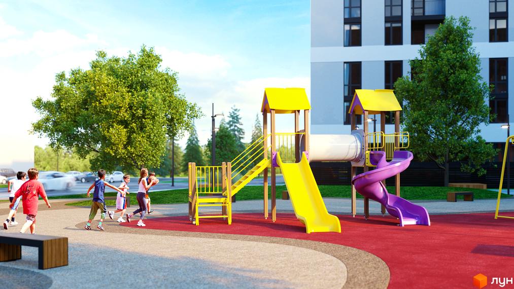 Будівельний проєкт Avalon Zelena Street з дитячим майданчиком. На передньому плані діти грають на ігровому майданчику.