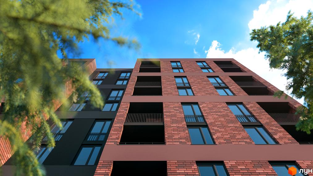 Зображення фасаду будинку Житлового комплексу Avalon Zelena Street. Вигляд з низу вгору на багатоквартирний будинок з балконами та великими вікнами.