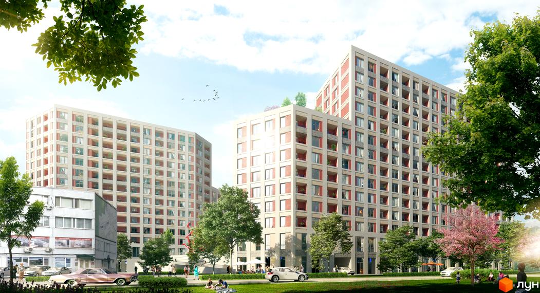 Новобудова ЖК San Francisco Creative House з балконами та великими вікнами. На прибудинковій території зелений газон, дерева та люди.