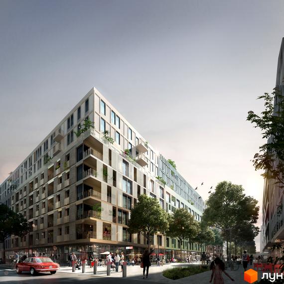 Багатоповерховий житловий район Rybalsky з кутовою формою та балконами. На першому поверсі комерційні приміщення, поруч алея з деревами та пішохідна зона.