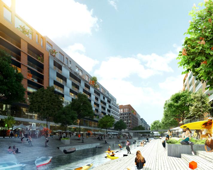 Багатоповерхові будинки Житлового району Rybalsky з цегляним та панельним фасадом. Набережна з деревами та людьми, що відпочивають біля каналу.