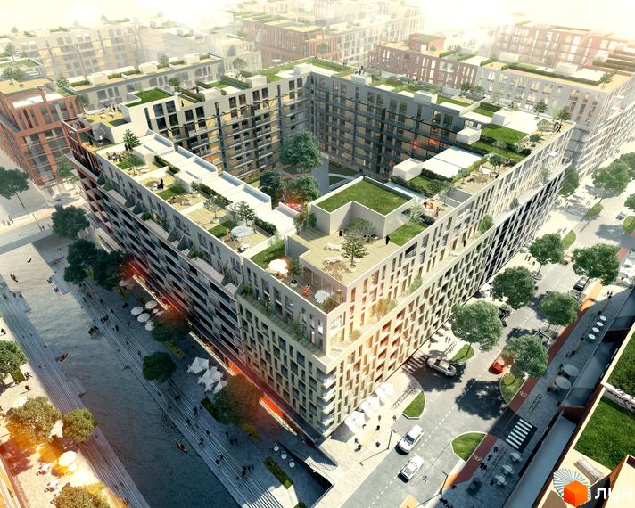 Житловий район Rybalsky - сучасна архітектура з зеленими терасами та доглянутою прибудинковою територією. Візуалізація комплексу з висоти пташиного польоту.