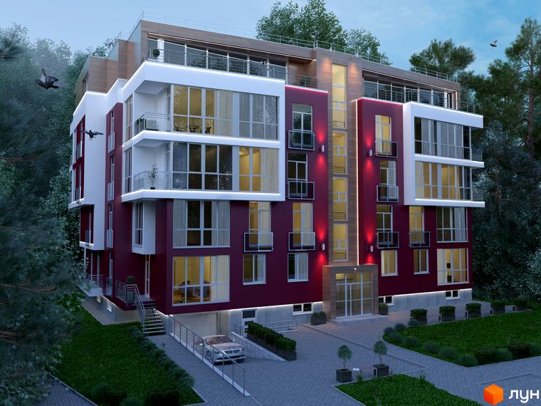 Сучасний житловий комплекс на вулиці Хмельницького, 220, з червоно-білим фасадом, великими вікнами та балконами. Навколо будинку зелена територія з деревами та доглянутим газоном, вимощена доріжка та припаркований автомобіль.