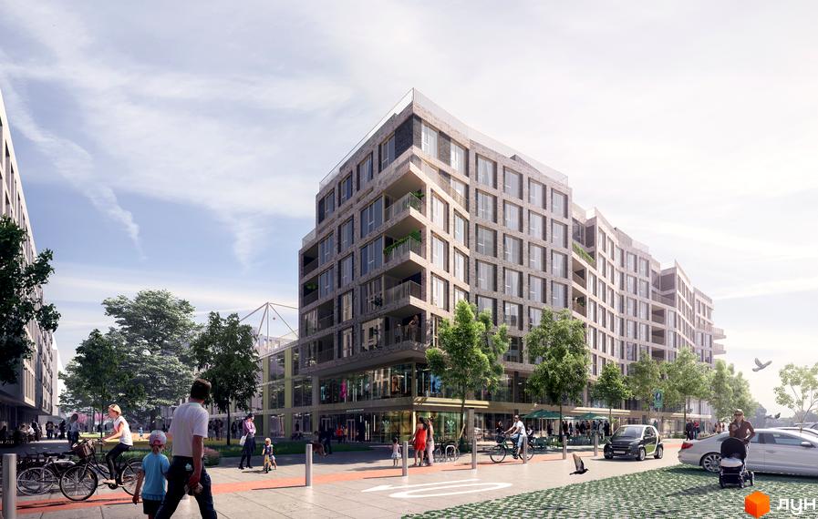 Житловий район Rybalsky: багатоповерховий будинок з цегляними фасадами та балконами, поруч пішохідна зона з деревами та людьми.