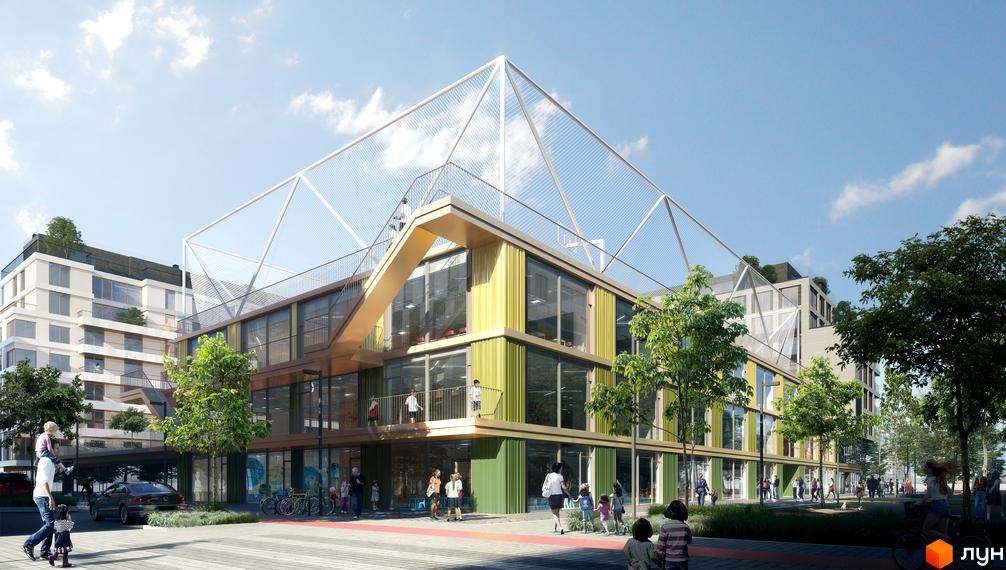 Багатоповерховий будинок Житлового району Rybalsky з великими вікнами, зеленими фасадами та спортивним майданчиком на даху. Навколо є зелені насадження та пішохідні зони.