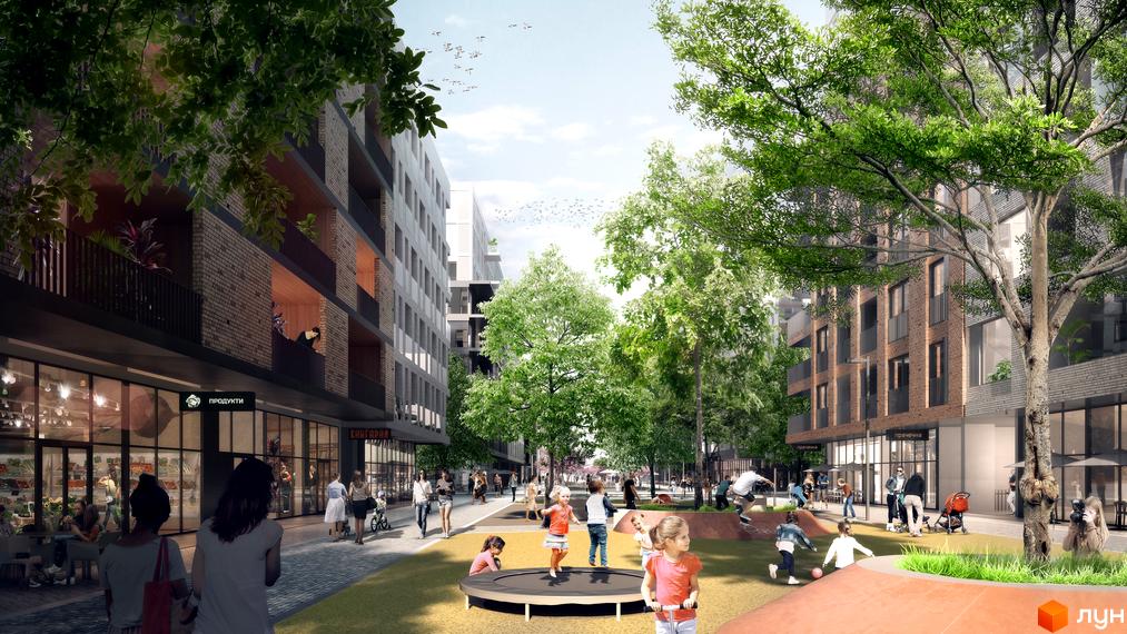 Житловий район Rybalsky. Сучасна архітектура з цегляними фасадами та балконами. Просторий двір з дитячим майданчиком, зеленими насадженнями та зонами для відпочинку.