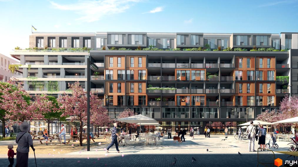 Житловий район Rybalsky. Фасад новобудови з дерев'яними елементами та балконами, зелені зони та місця для відпочинку на прибудинковій території.