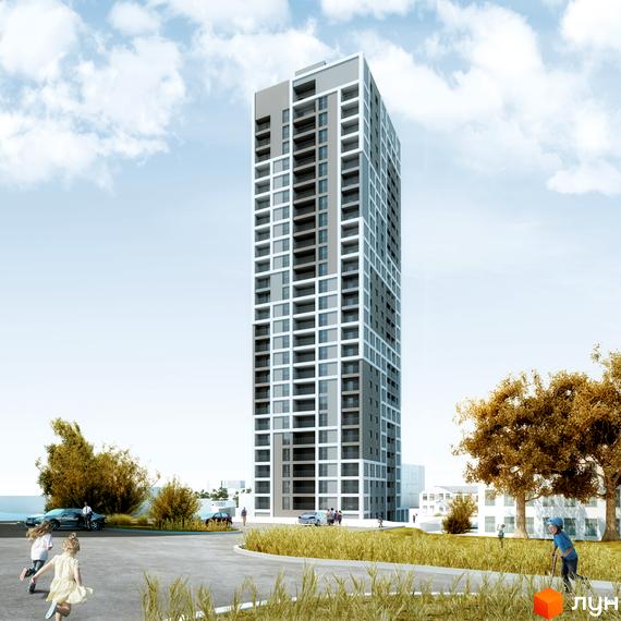 Житловий комплекс Bristol Comfort House: висотний будинок з сіро-білим фасадом. На прибудинковій території видно дітей, що граються, та зелені насадження.