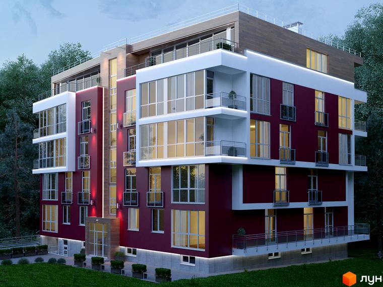 Зовнішній вигляд новобудови на вул. Хмельницького, 220, з фасадами бордового та білого кольорів, великими вікнами та балконами. Навколо будинку зелена галявина та дерева.