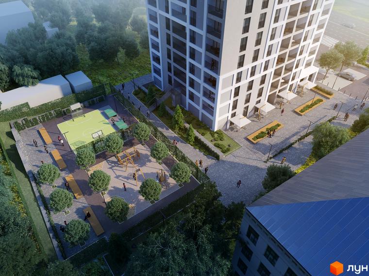 Житловий комплекс Bristol Comfort House: багатоповерховий будинок світлого кольору з балконами, поруч спортивний майданчик та дитячий ігровий комплекс.