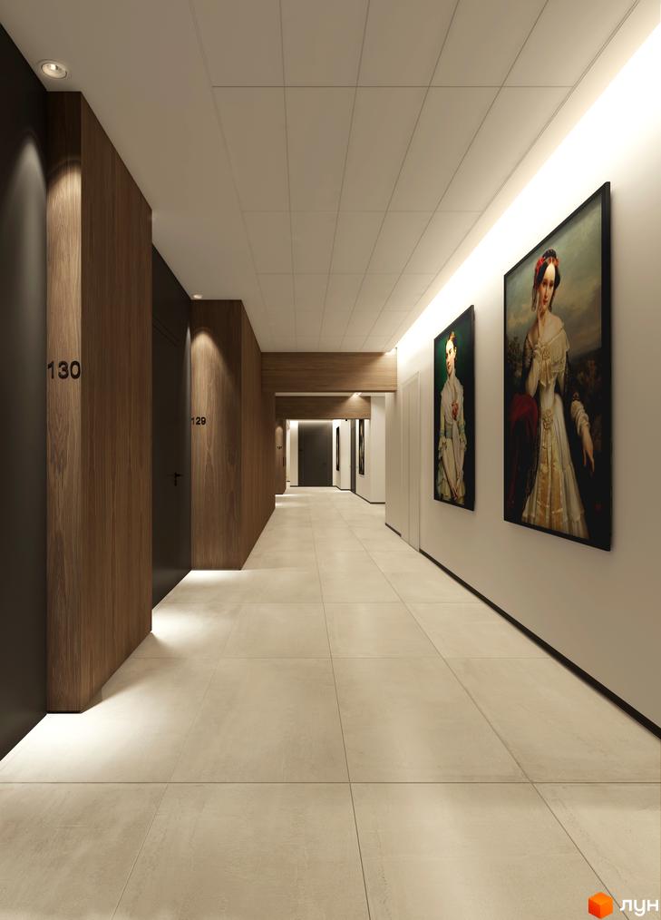 Інтер'єр коридору в Будівельному проєкті New York Concept House з картинами на стінах. Світлий хол з дерев'яними панелями та номерами квартир.