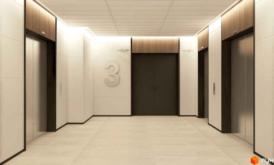 Інтер'єр поверху в Будівельному проєкті New York Concept House. Вигляд ліфтової зони з номерами поверхів.