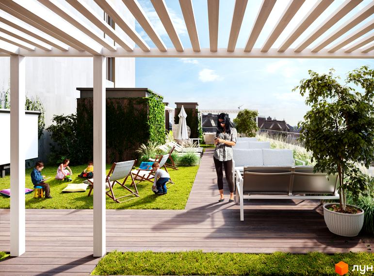 Житловий комплекс New York Concept House з терасою на даху. На терасі є дитячий майданчик, зона відпочинку та озеленення.