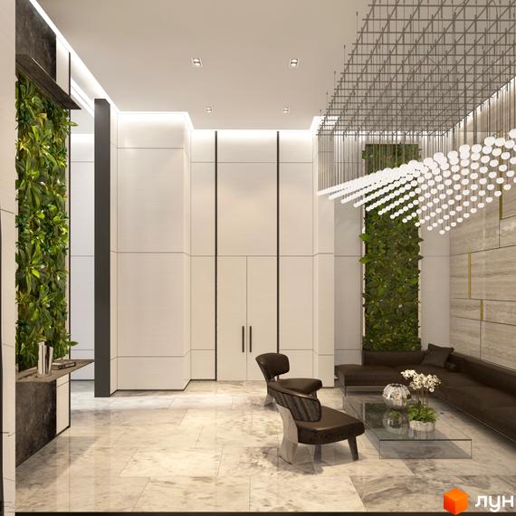 Інтер'єр холу в Новобудові New York Concept House. Високі стелі, вертикальне озеленення, м'які меблі та мармурова підлога.