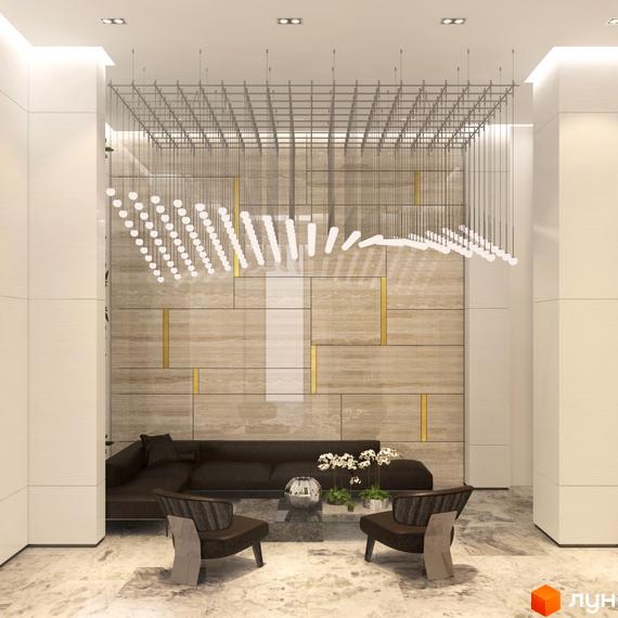 Інтер'єр лобі Житлового комплексу New York Concept House з диваном, кріслами та декоративною люстрою. Оздоблення стін і підлоги виконано в світлих тонах.