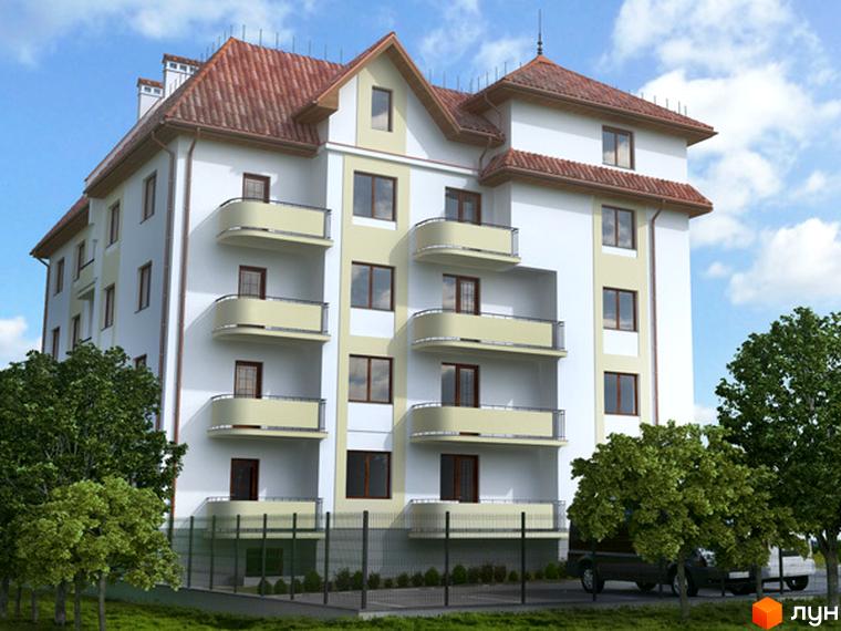 Житловий комплекс Чемпіон - фасадна частина будинку з балконами та вікнами на тлі неба та дерев. Прибудинкова територія з парканом та автомобілями.