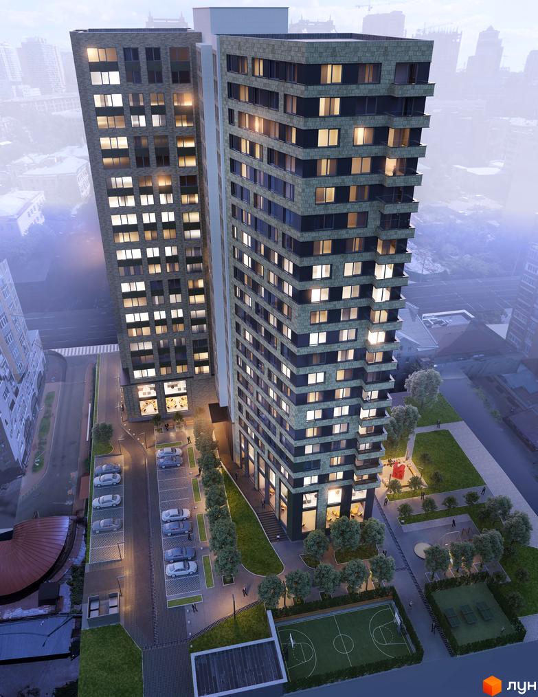 Вигляд на дві висотні будівлі Житлового комплексу New York Concept House. На території є парковка, дитячий майданчик та спортивне поле.