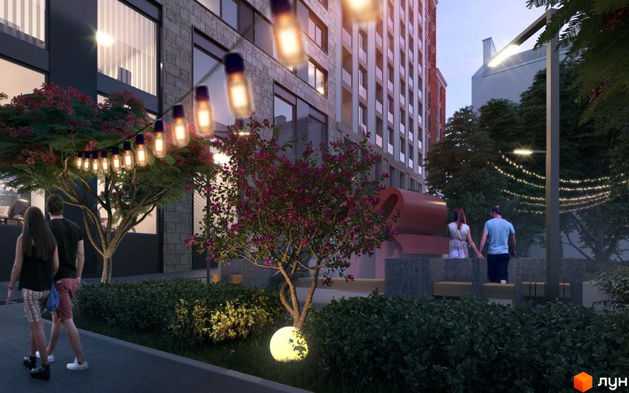 Зображення Новобудови New York Concept House з прибудинковою територією. Навколо будинку висаджені дерева та кущі, встановлено освітлення.