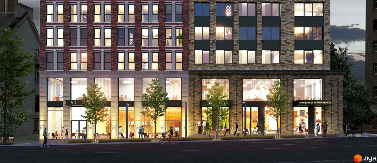 Зображення фасаду Житлового комплексу New York Concept House. Візуалізація багатоповерхового будинку з великими вікнами та магазинами на першому поверсі.