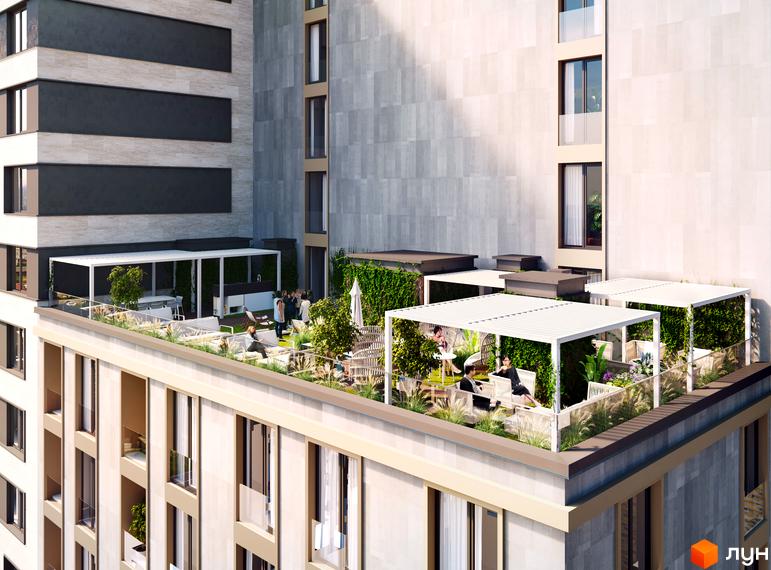 Зображення Житлового комплексу New York Concept House з терасою на даху. На терасі розташовані зони відпочинку з меблями та озелененням.