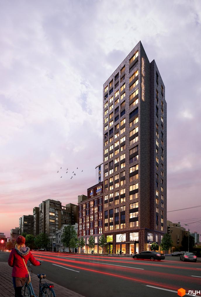 Зображення фасаду та прибудинкової території Житлового комплексу New York Concept House. Високий будинок з великою кількістю вікон.