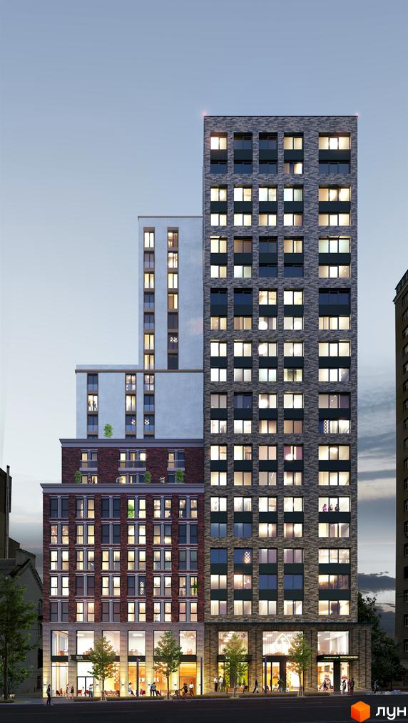 Зображення фасаду Житлового комплексу New York Concept House. Високий будинок з великою кількістю вікон та цегляним оздобленням.