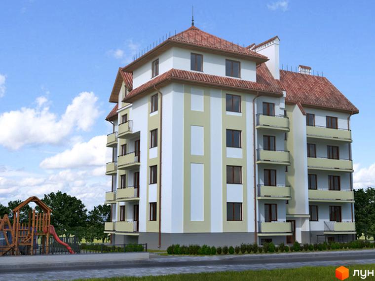 Житловий комплекс Чемпіон: багатоповерховий будинок з червоною черепичною дахом, балконами та дитячим майданчиком поруч. Зовнішній вигляд будівлі та прибудинкова територія.