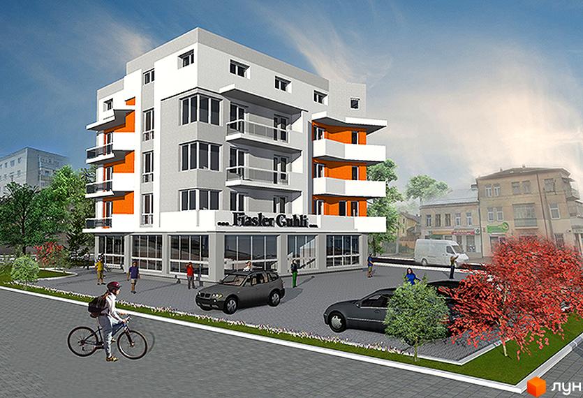 Сучасна новобудова з оранжевими елементами та балконами на вулиці Городоцька, 257. На прибудинковій території розташовані автомобілі та пішоходи.