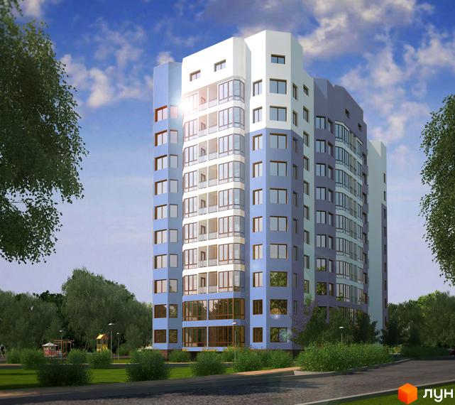 Зображення багатоповерхового будинку за адресою: мкрн Грузевиця-2, вул. Будівельників, 5/2. Навколо будинку зелені насадження, дерева та газон.