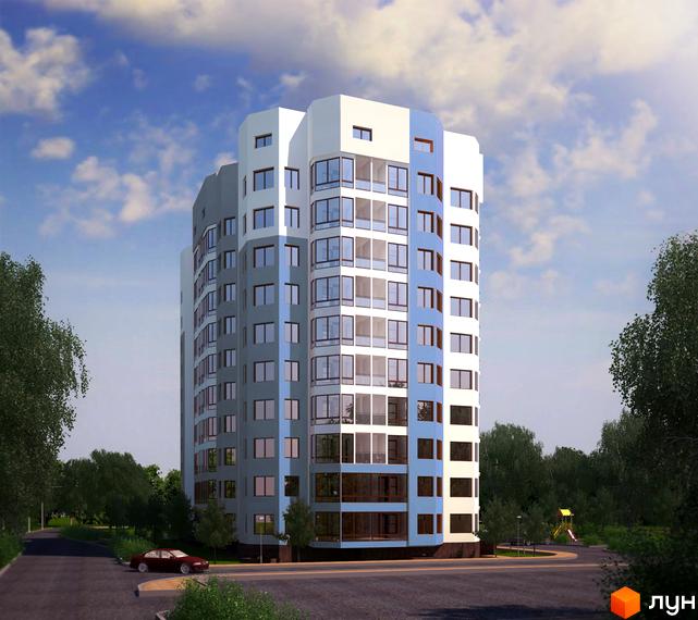 Зображення багатоповерхового будинку в Житловому районі Грузевиця-2. Навколо будівлі зелені насадження, дорога та дитячий майданчик.