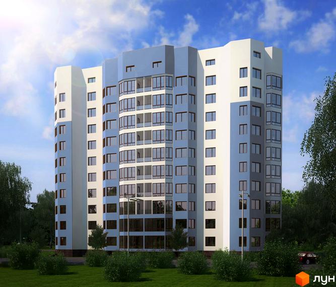 Зображення багатоповерхового будинку в Житловому районі Грузевиця-2, вул. Будівельників, 5/2. Навколо будинку зелена прибудинкова територія.