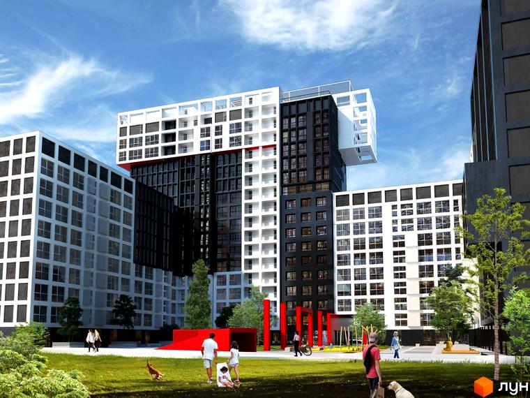 Зображення Житлового комплексу Вільне Місто. Вигляд новобудови з великими вікнами та прибудинковою територією з газоном.